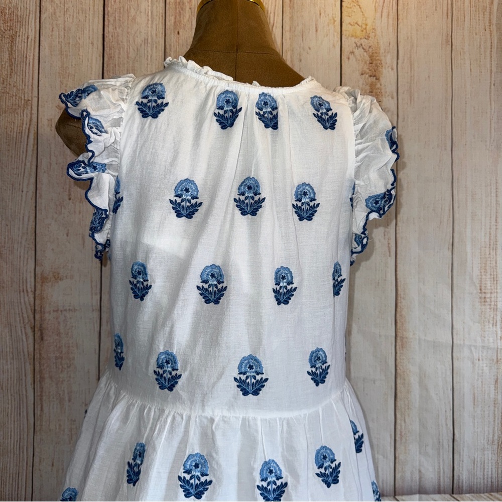 A Loves A Floral Embroidered Tiered Babydoll Mini Dress, Blue & White, Ruffle L - Picture 8 of 12